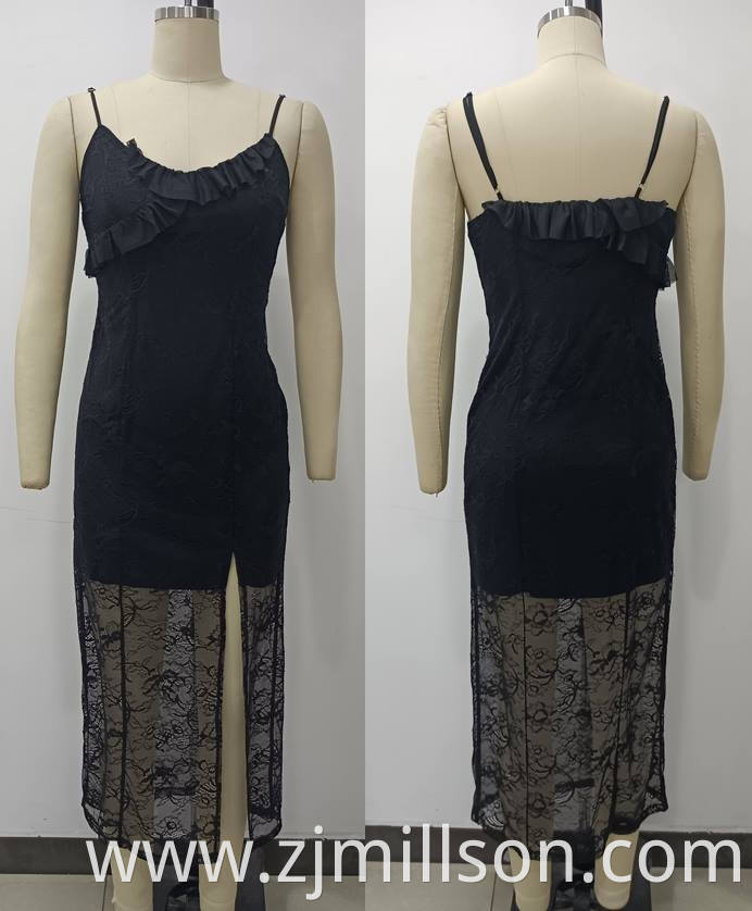 Knitting Black Lace Shoulder Staps Slit Dress